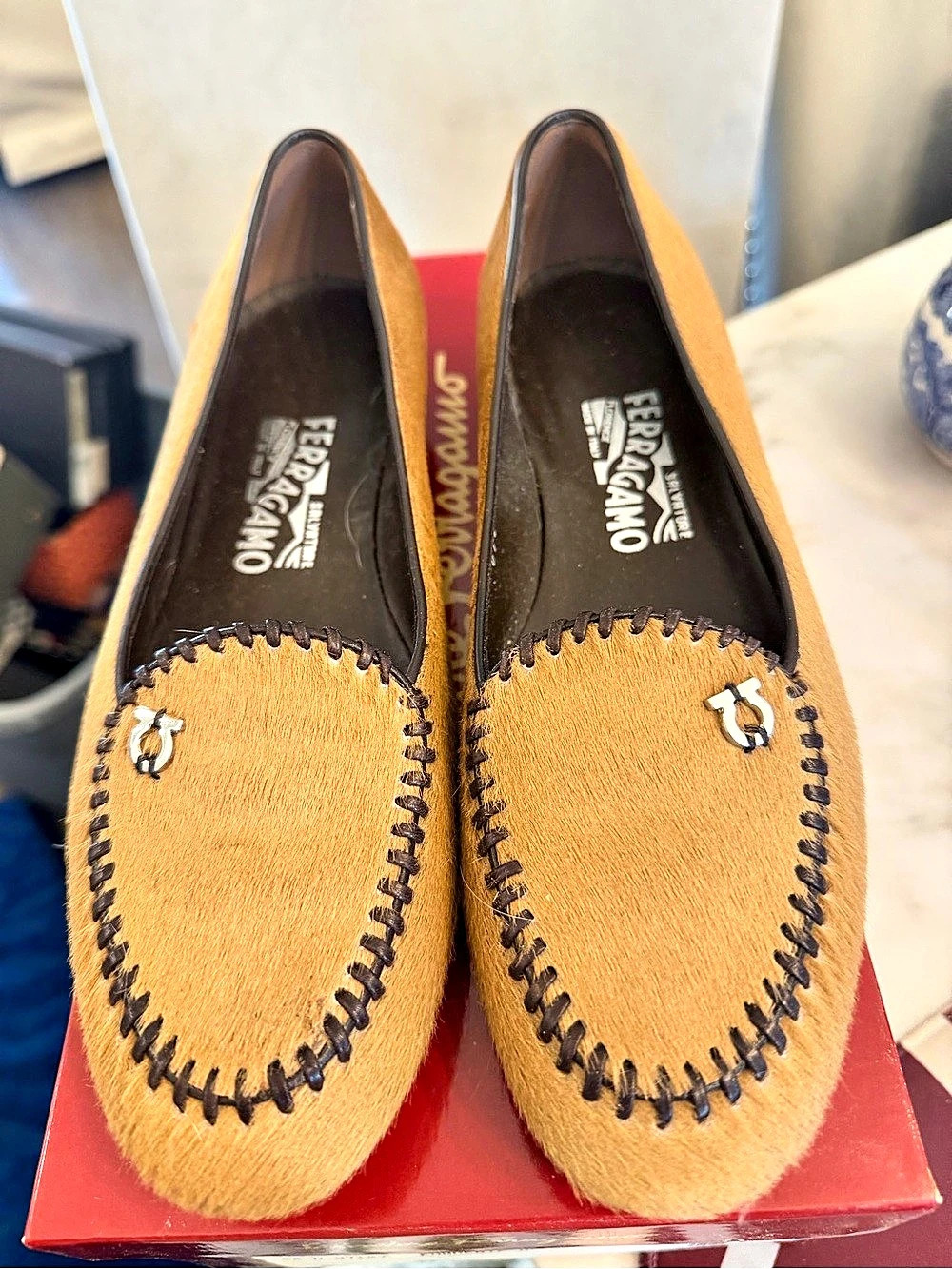 Salvatore Ferragamo Brixen Horsehair Loafers in Tan US 8 B Like New